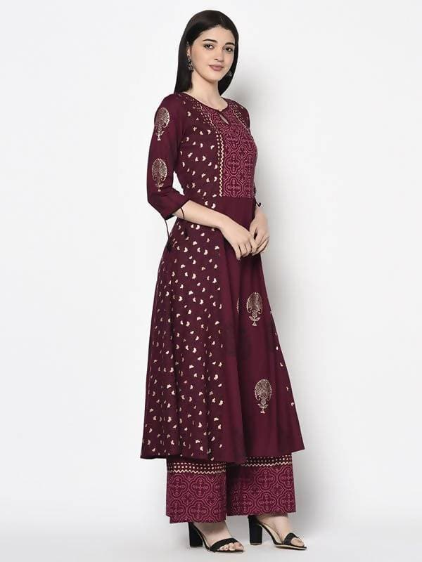 Aniyah Rayon Wine Color Block Print Anarkali Kurta (AN-172K)