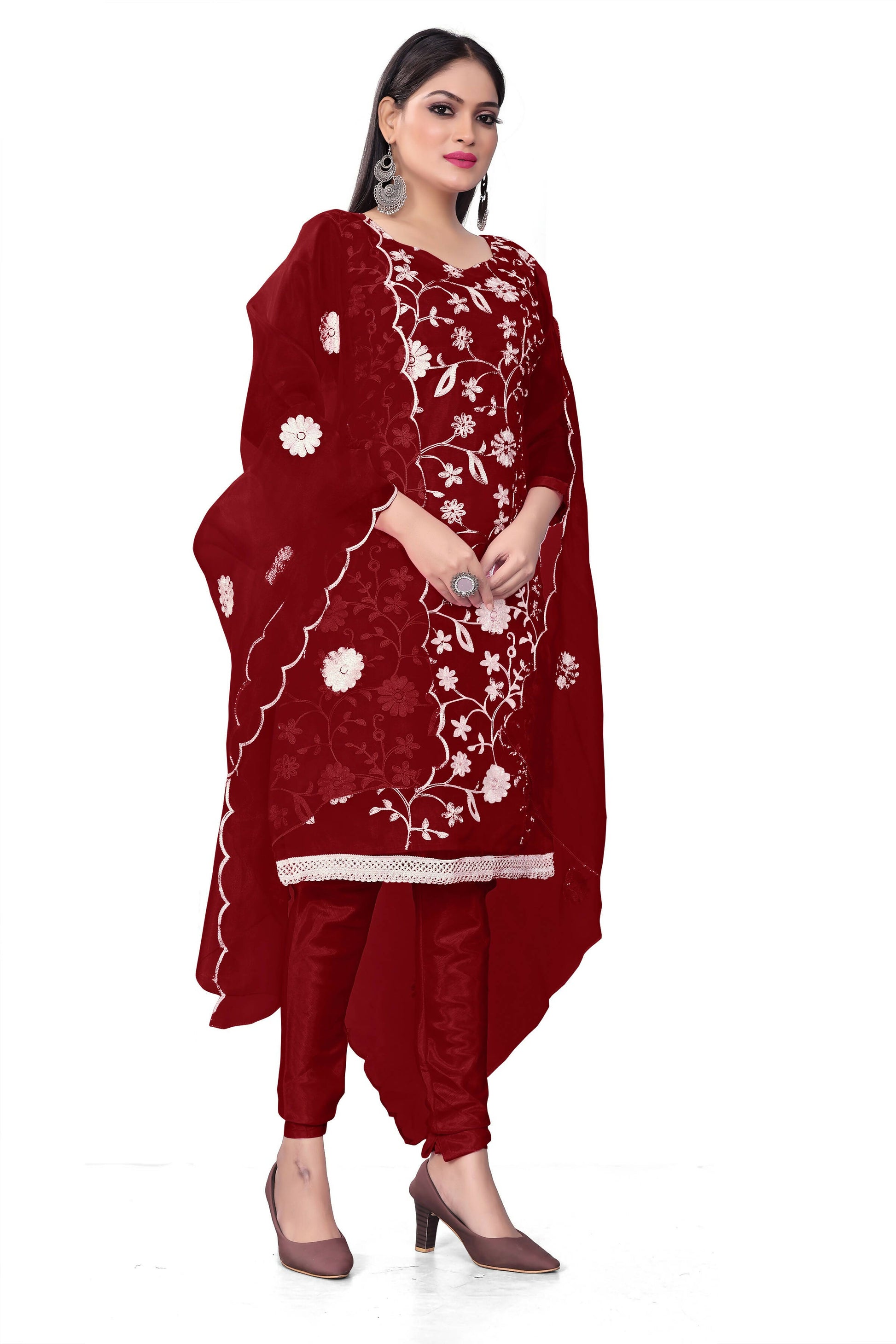 Maroon Organza Silk Embroidered Work Unstitched Dress Material - Tanvi - Distacart