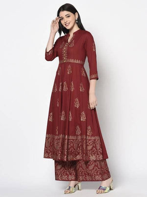 Aniyah Rayon Maroon Block Print Anarkali Palazzo Set (AN-212K)