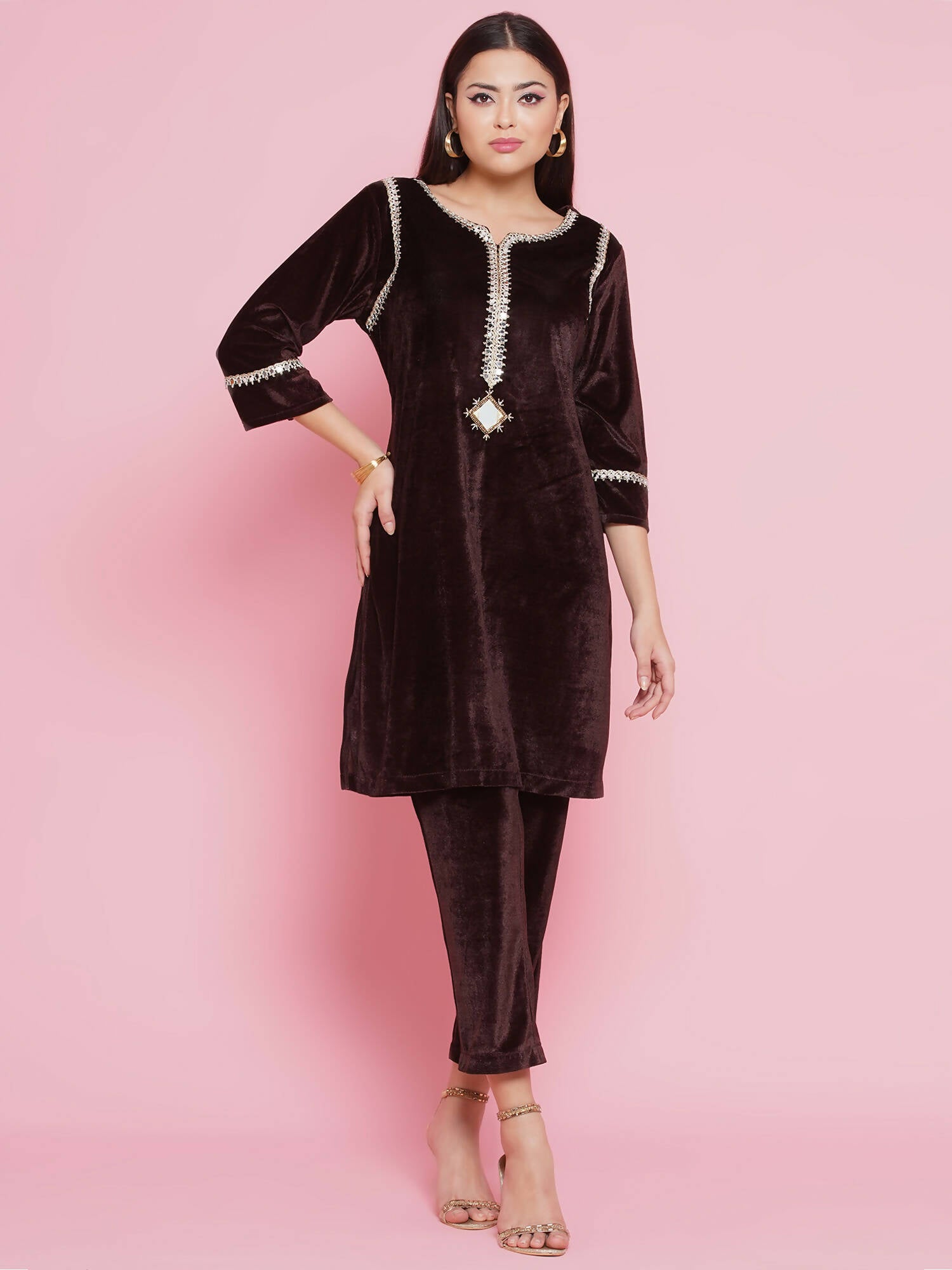 Women Republic Brown Velvet Embellished Co-Ord Set - Distacart