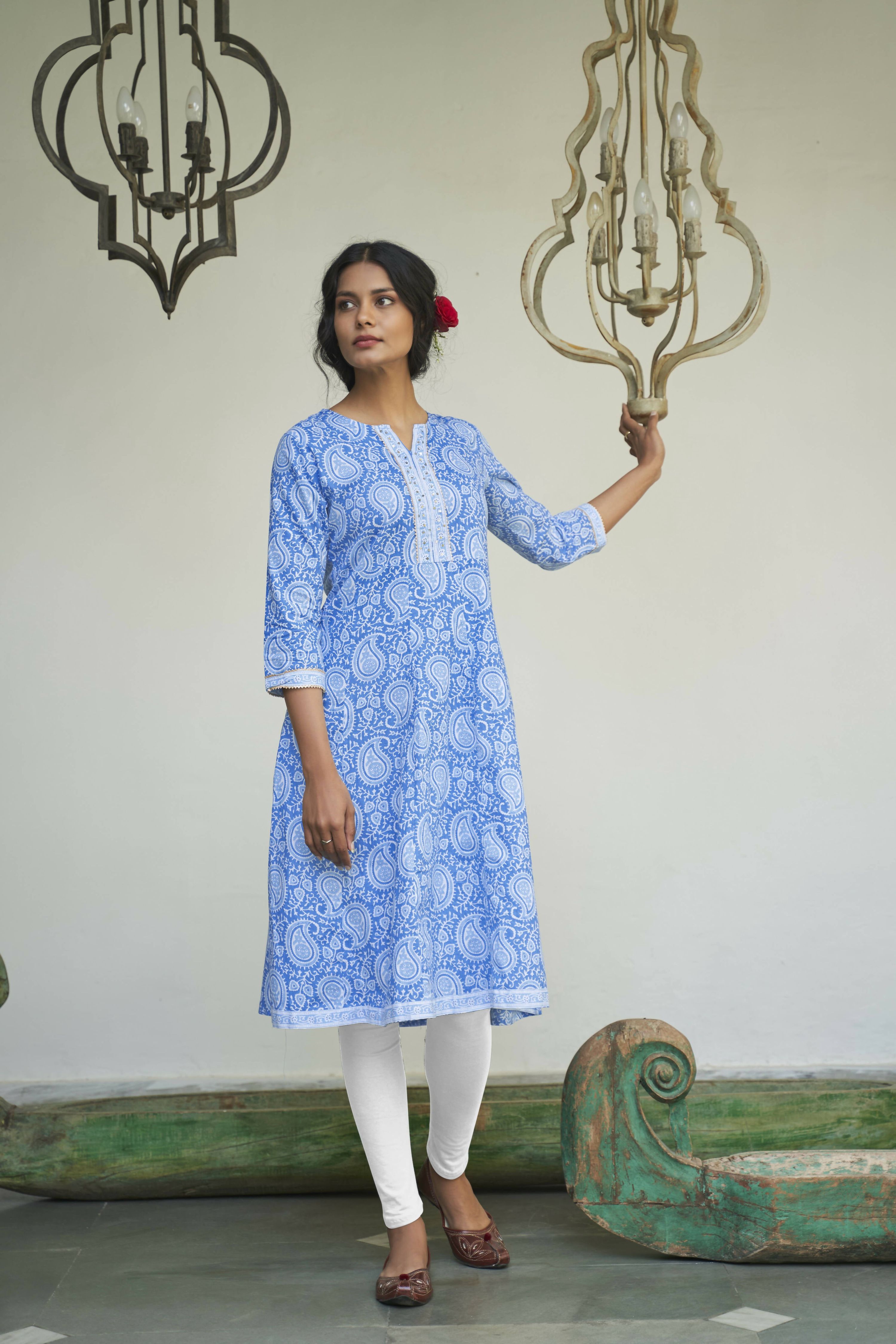 Blue Cotton Paisley Printed A line Kurta - Prasuti - Distacart