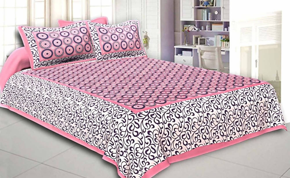 Vamika Printed Cotton Pink & Multicolor Latest Design Bedsheet With Pillow Covers (LEOC_CHKR_P) - Distacart