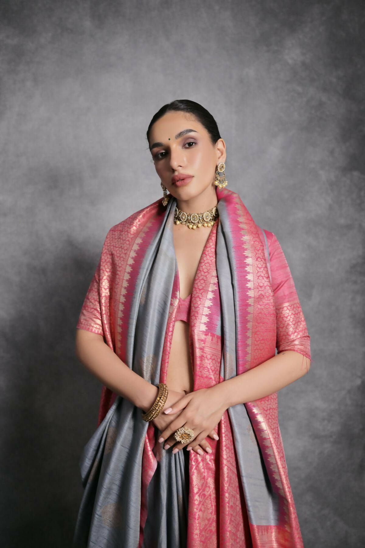 Vishnu Weaves Women's Grey Tussar Silk Zari Woven Saree with Blouse - Distacart