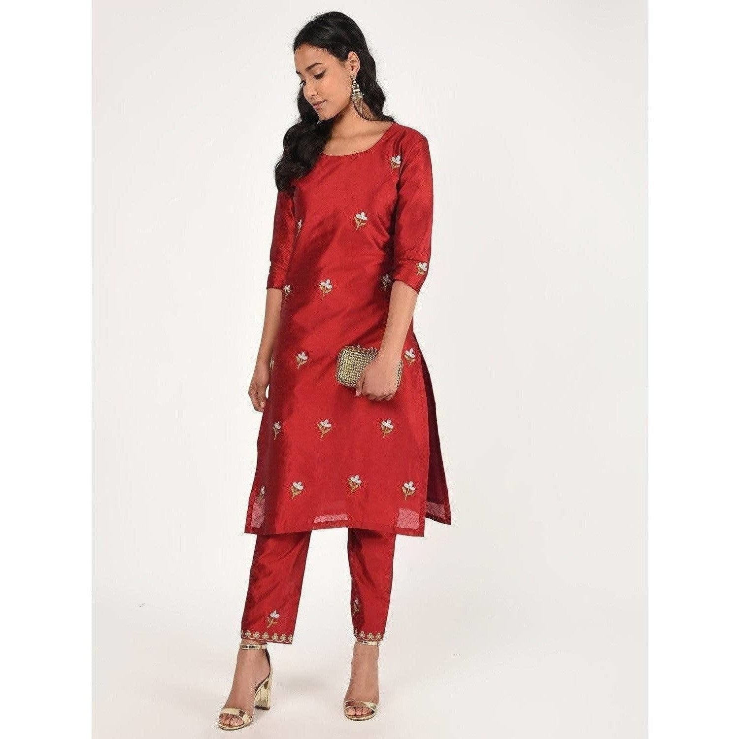 Cheera Women's Beautiful Hand Embroidered Motif All-Over Straight Silk Kurta (CH070K)