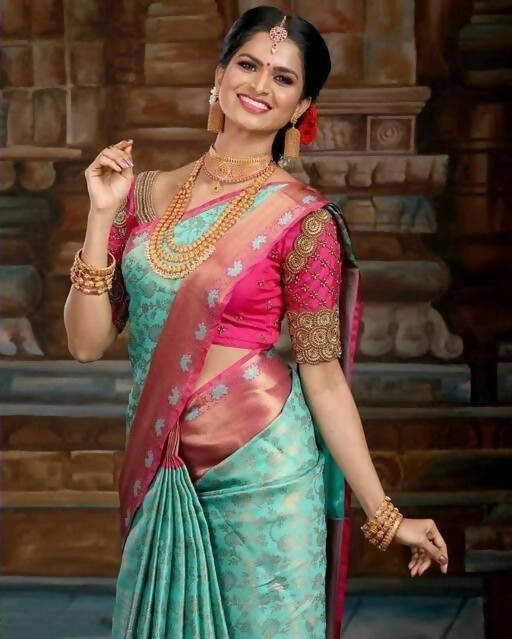 DEIANA'S Beautiful Golden Jari with New Design Soft Lichi Silk Saree - Sky - Distacart