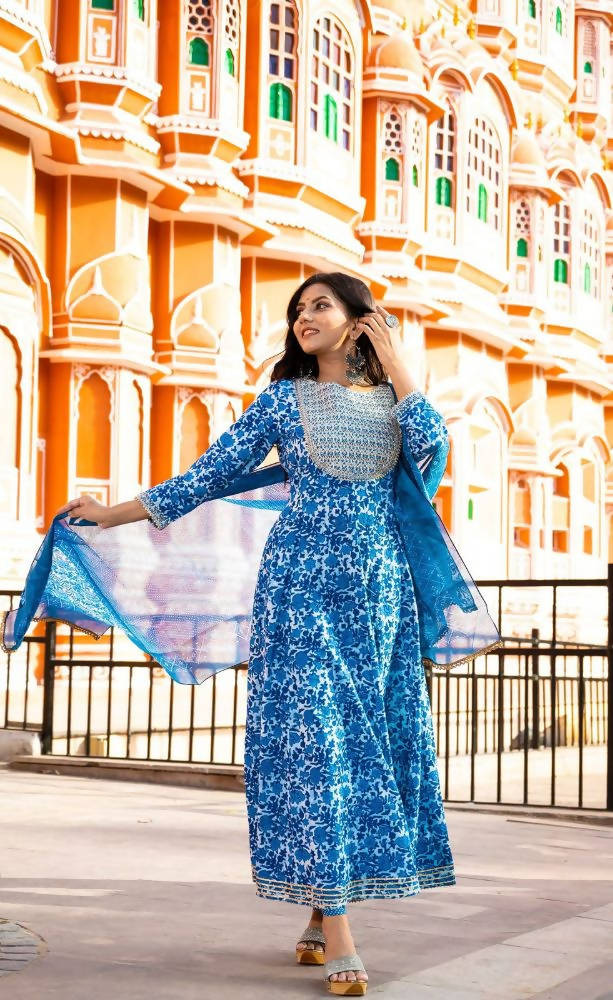 Yufta Women Blue Printed Pure Cotton Anarkali Kurta with Trouser & With Dupatta