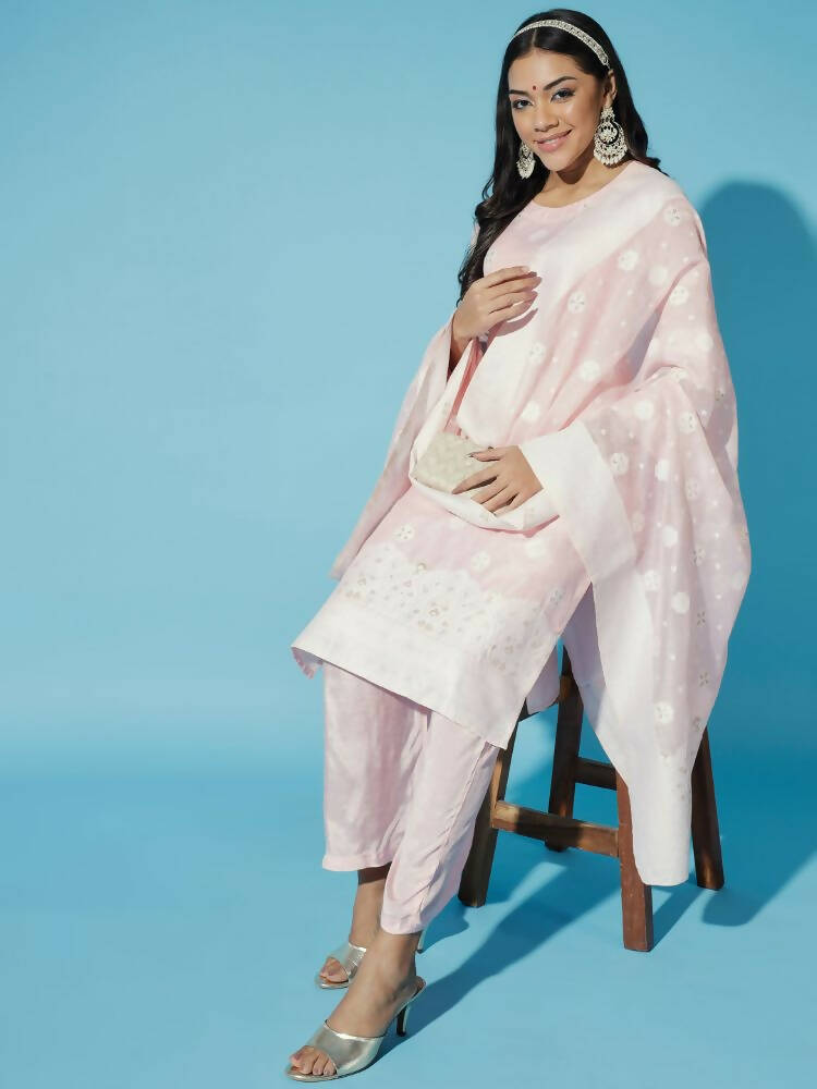 Myshka Women Pink Embroidered Kurta & Trousers With Dupatta - Distacart