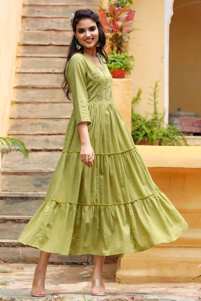 Yufta Green Cotton Dobby Dress