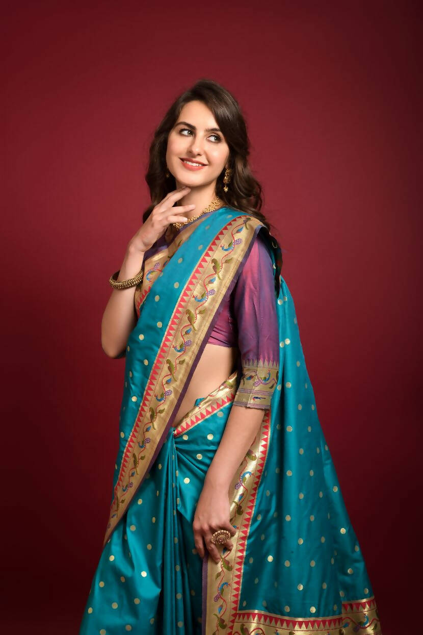 Vishnu Weaves Women's Rama Paithani Silk Zari Woven Saree with Unstitched Blouse - Distacart