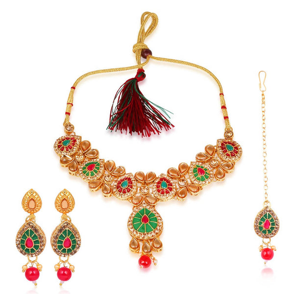 Tehzeeb Creations Golden Plated Multi Colour Necklace With Earring And Tikka