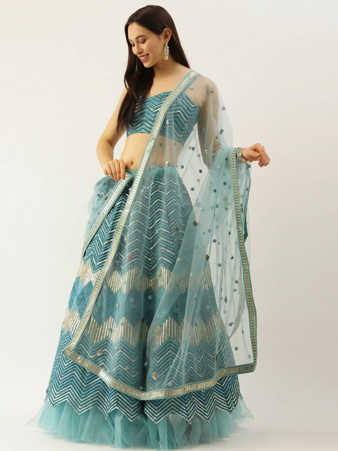 House of Panchhi Women Sea Green Net Zig-Zag Embroideried Lehenga, Blouse & Dupatta - Distacart