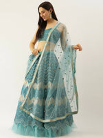 Thumbnail for House of Panchhi Women Sea Green Net Zig-Zag Embroideried Lehenga, Blouse & Dupatta - Distacart