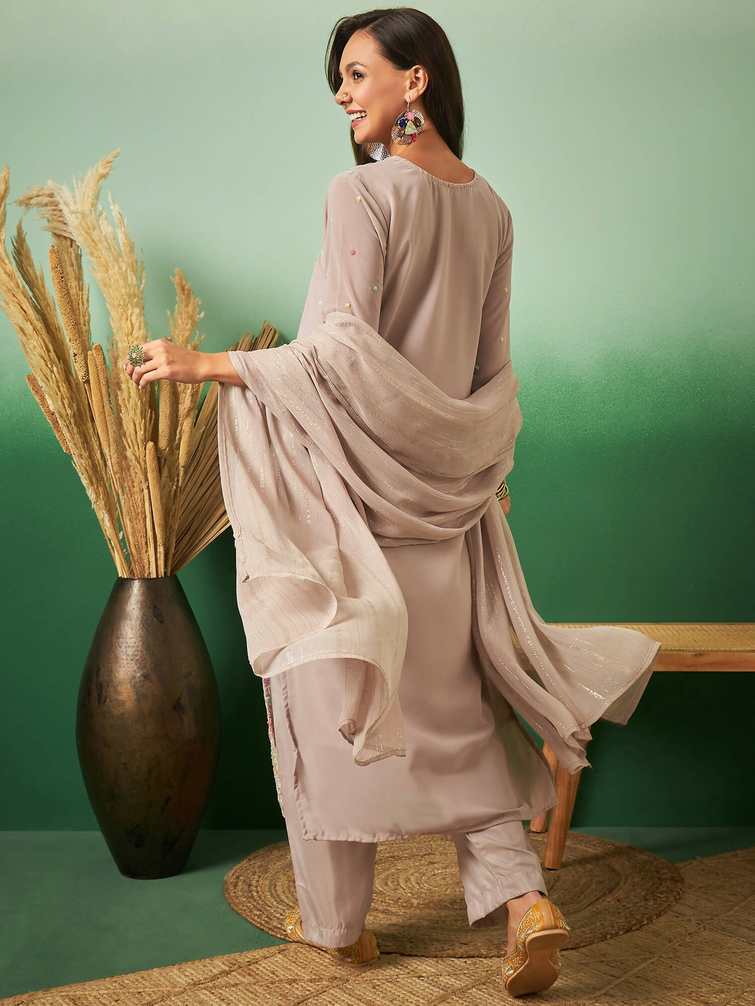 Light Brown Georgette Handwork Unstitched Dress Material - Hanika - Distacart