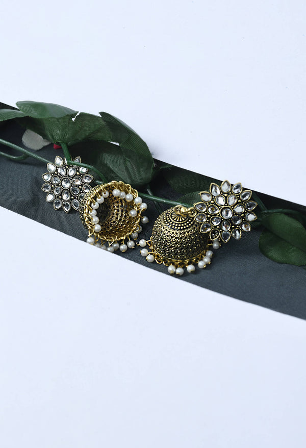 Mominos Fashion Johar Kamal Beautiful Kundan Work Jhumka With White Beads - Distacart