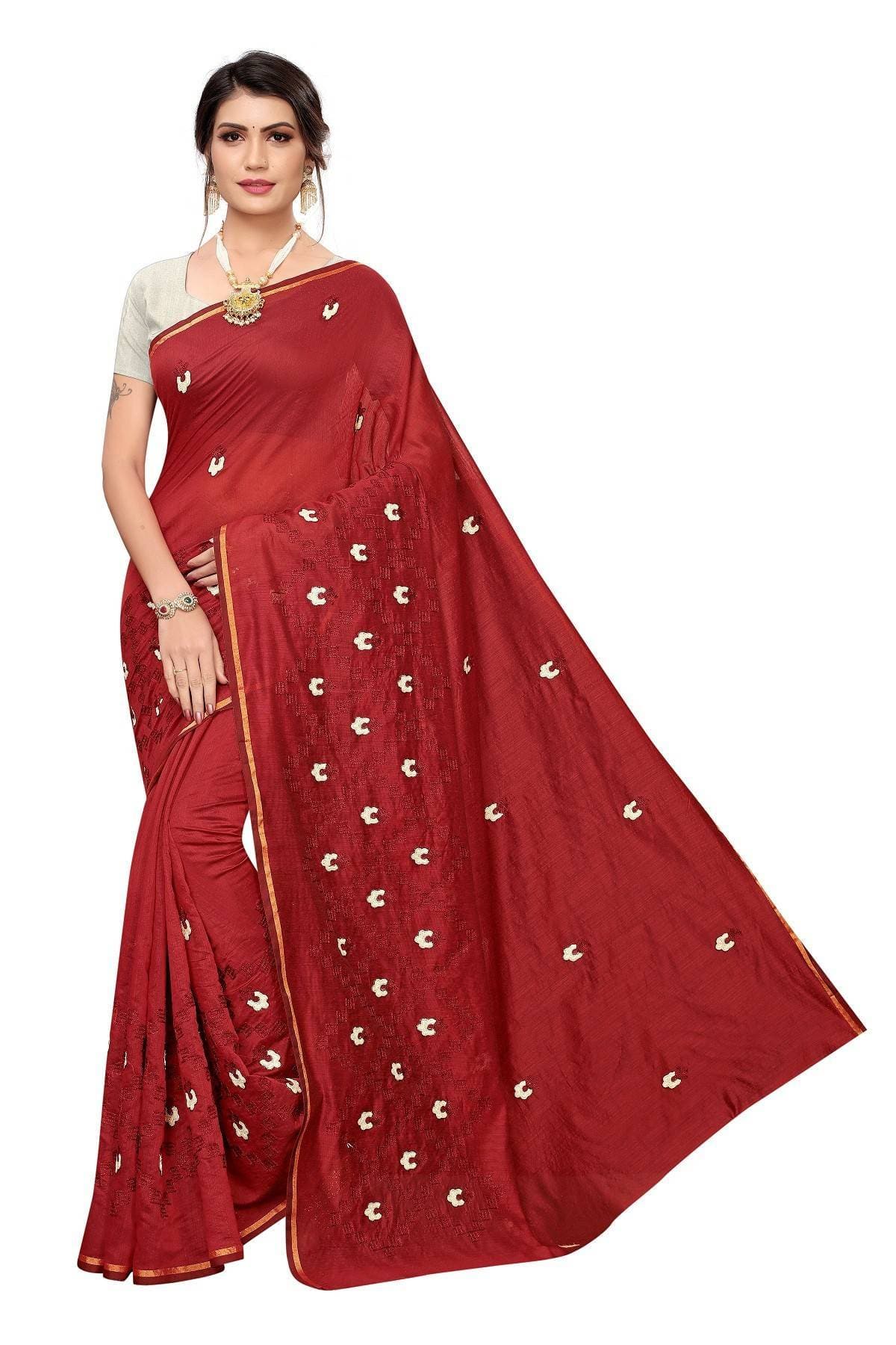 Vamika Red Chanderi Cotton Chikankari Saree