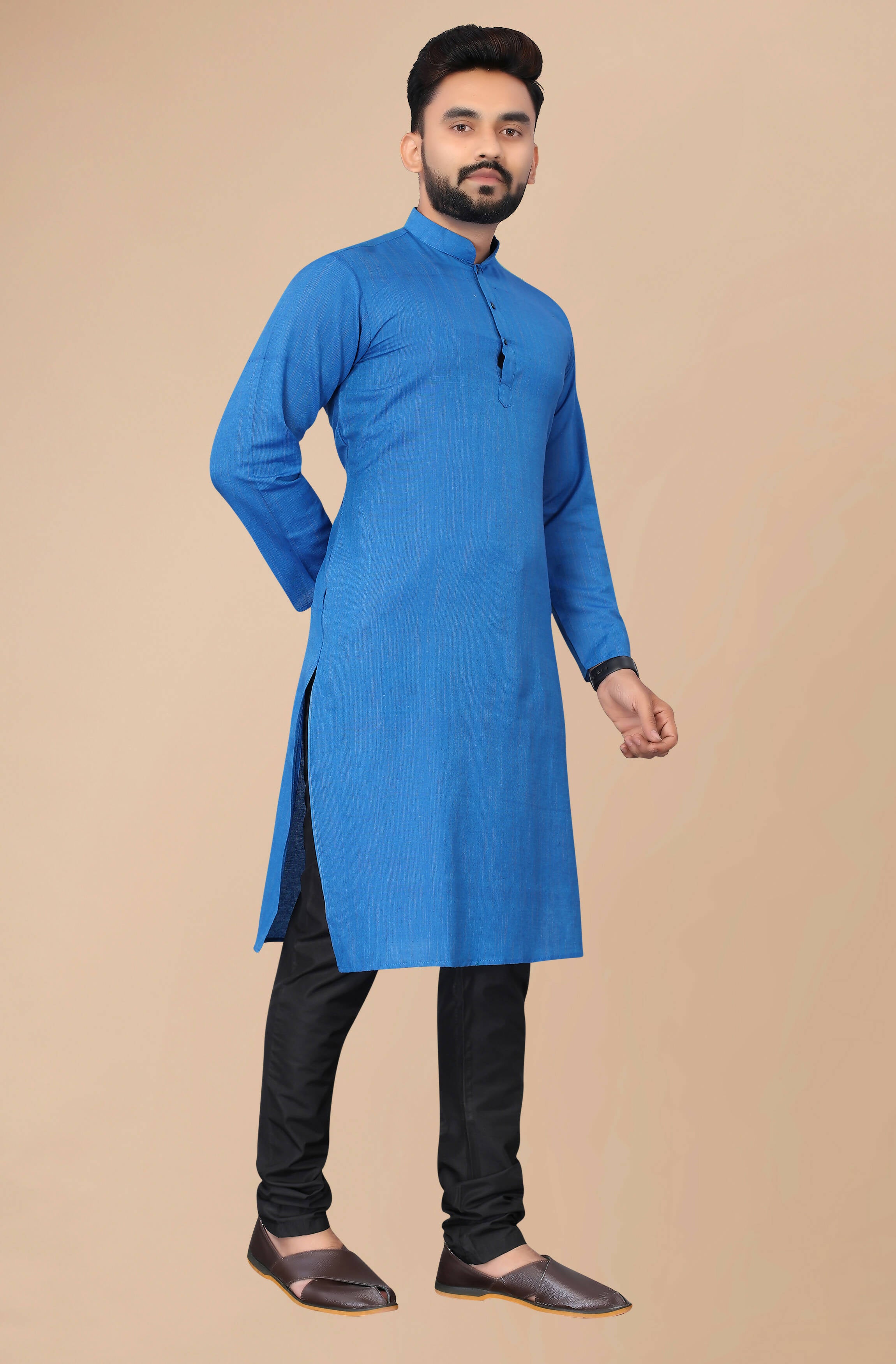 Men's Blue Striped Cotton Kurta - Mahotsav - Distacart