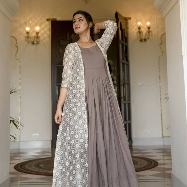 Partywear Designer Digital print Grey Maslin Gown - Anbazaar - Distacart