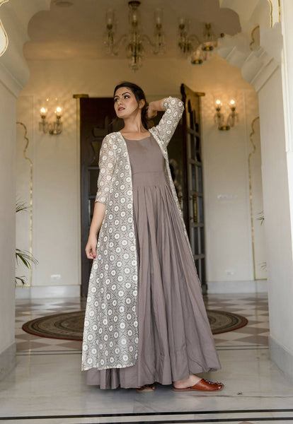 Partywear Designer Digital print Grey Maslin Gown - Anbazaar - Distacart