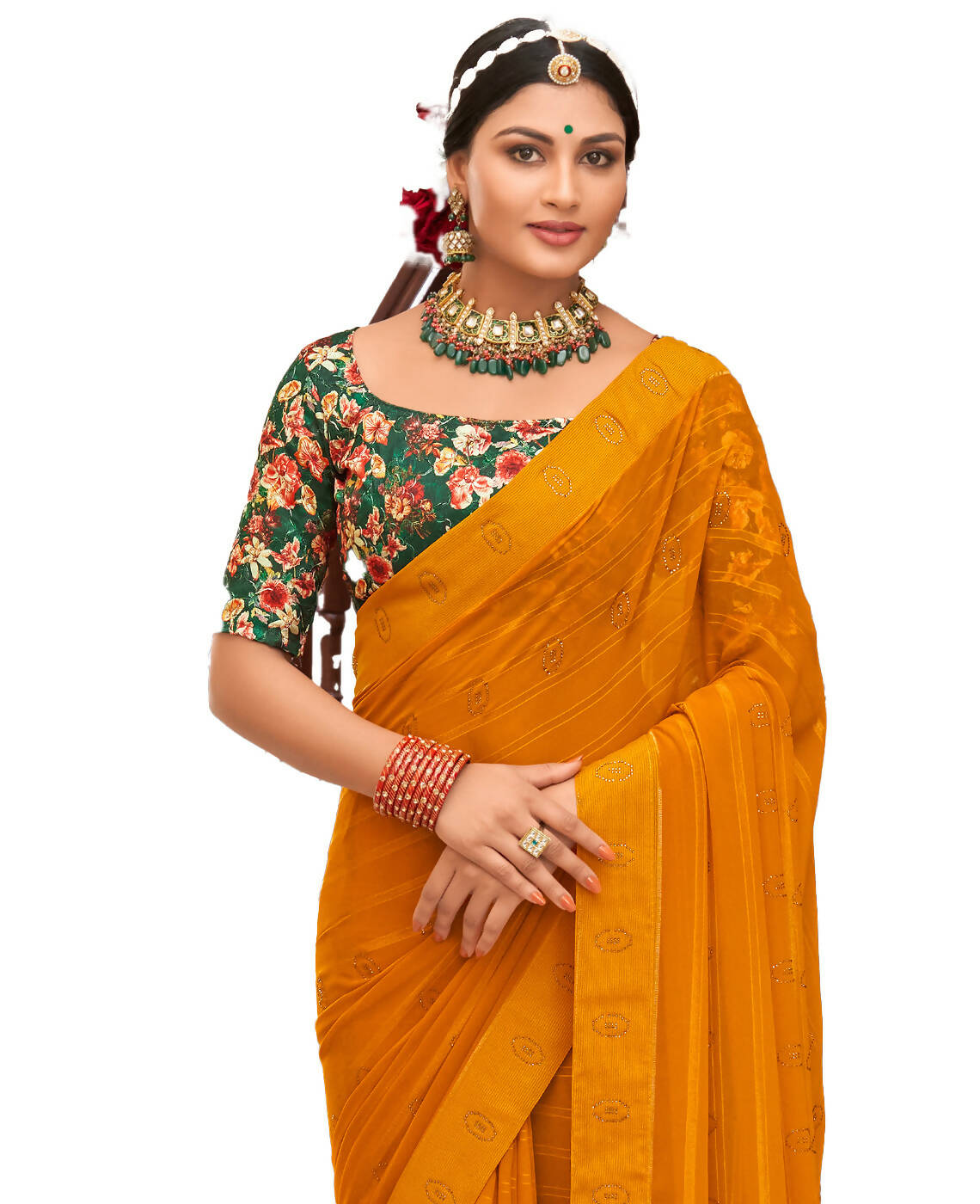 Mustard Georgette Swaroski Work Saree With Unstitched Blouse Piece - Juhi - Distacart