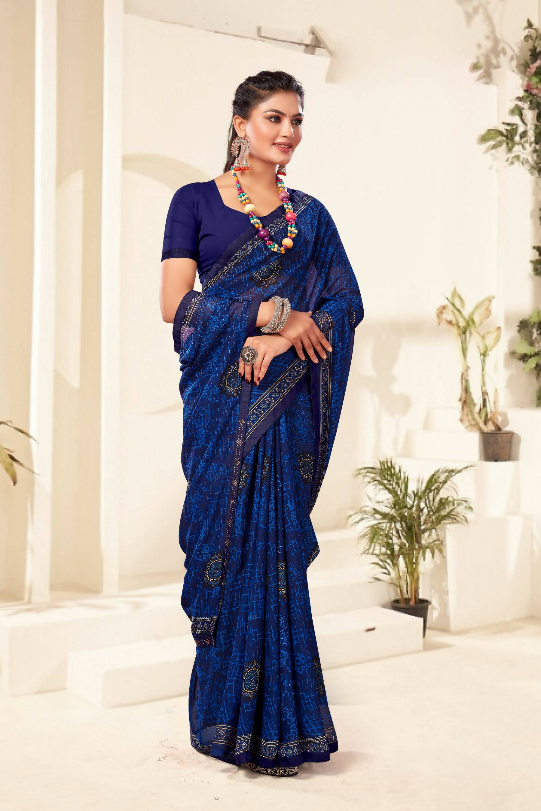 Navy Blue Georgette Texture Printed Saree with Unstitched Blouse Piece - Akansha - Distacart