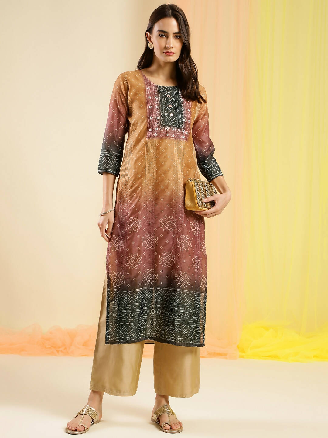 Orange Chinon Digital Printed With Hand Work Kurta - Himanshi - Distacart