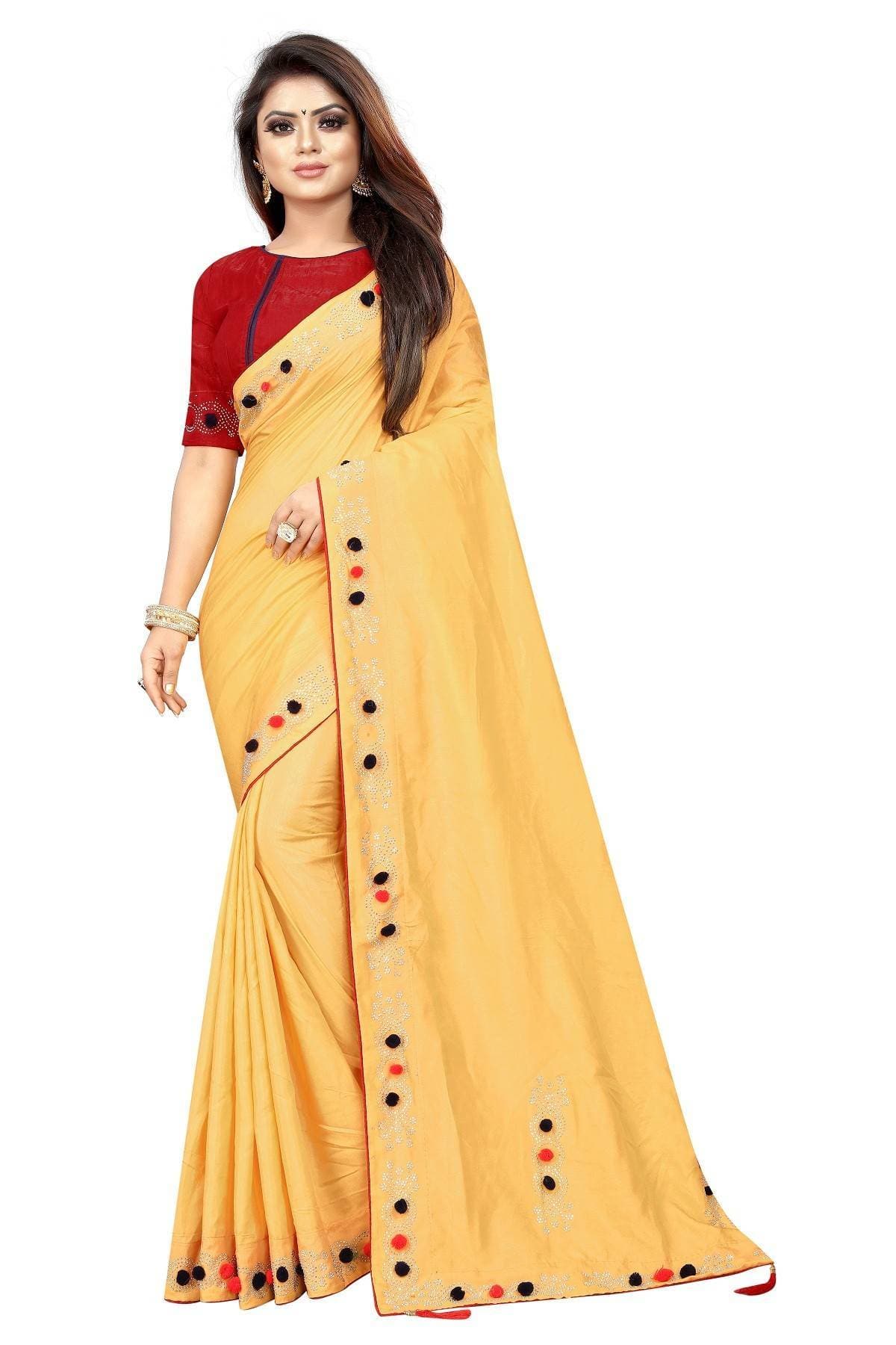 Vamika Yellow Sana Silk Diamond And Pom Pom Saree