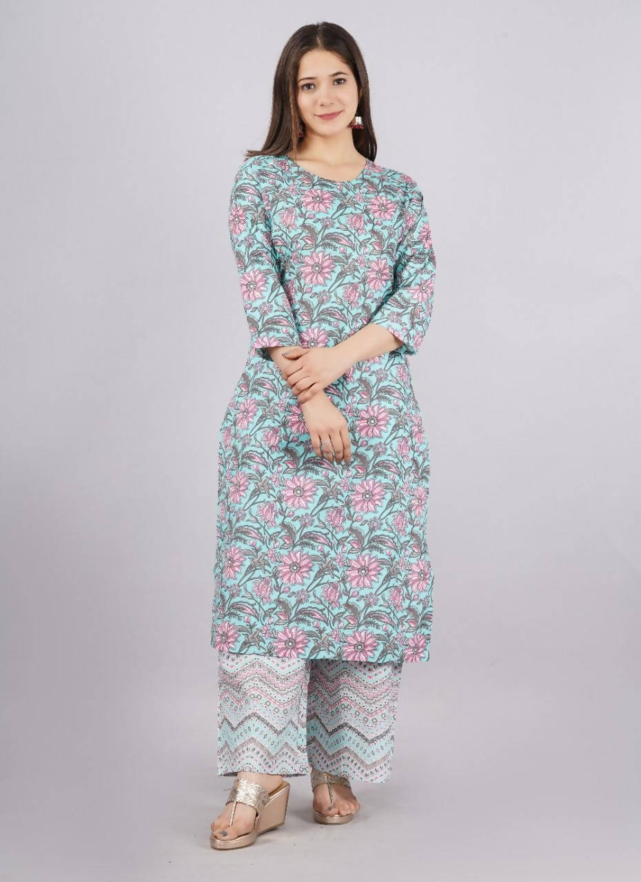 Vamika Printed Cotton Sky Blue Party Wear/Casual Wear Kurta Set/Suit - Distacart