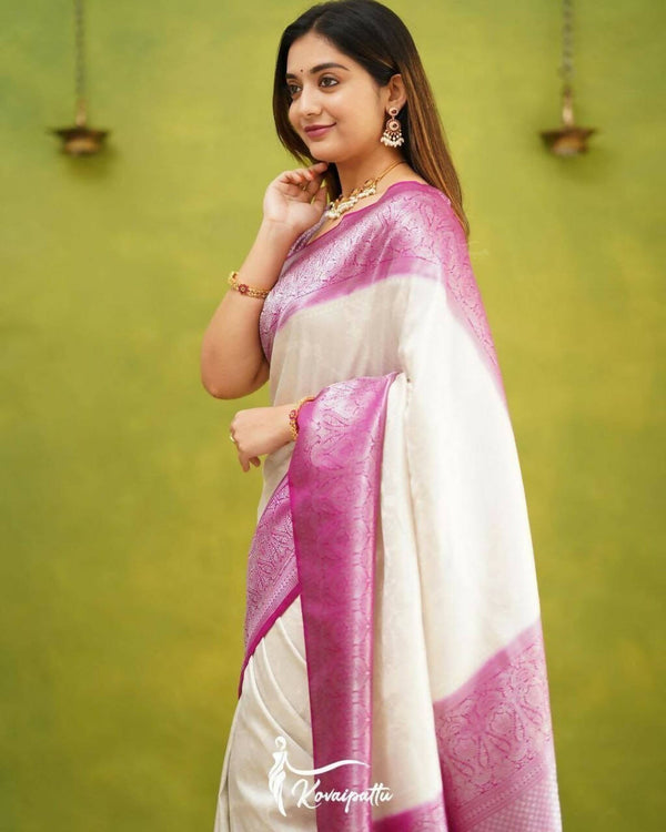 DEIANA'S Beautiful Golden Jari with New Design Soft Lichi Silk Saree - White - Distacart