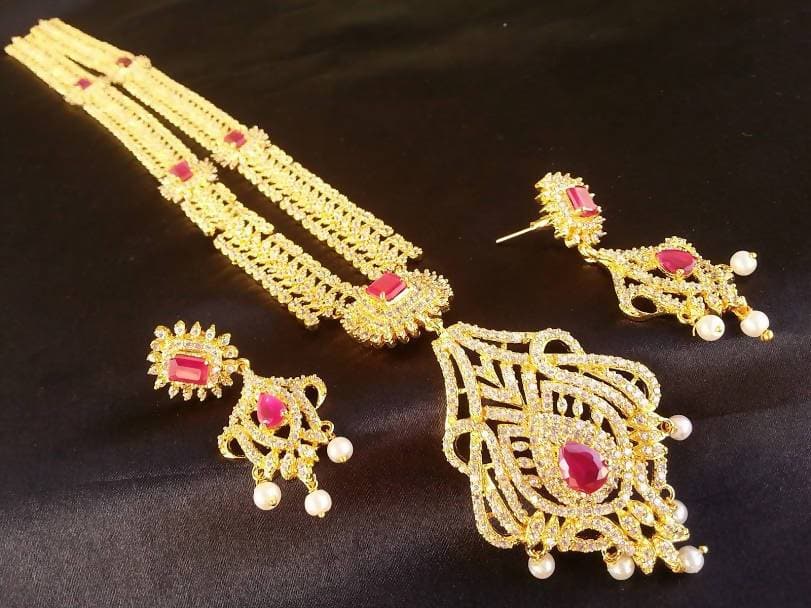 AD Ruby Bridal Long Traditional Necklace Set