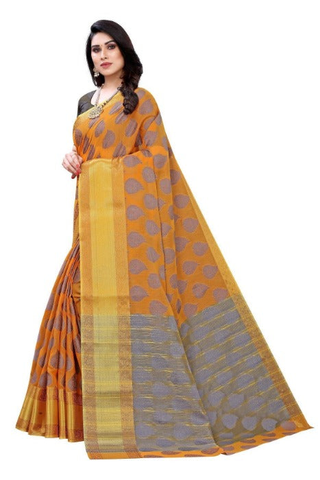 Vamika Mustard Jari Work Cotton Silk Sarees