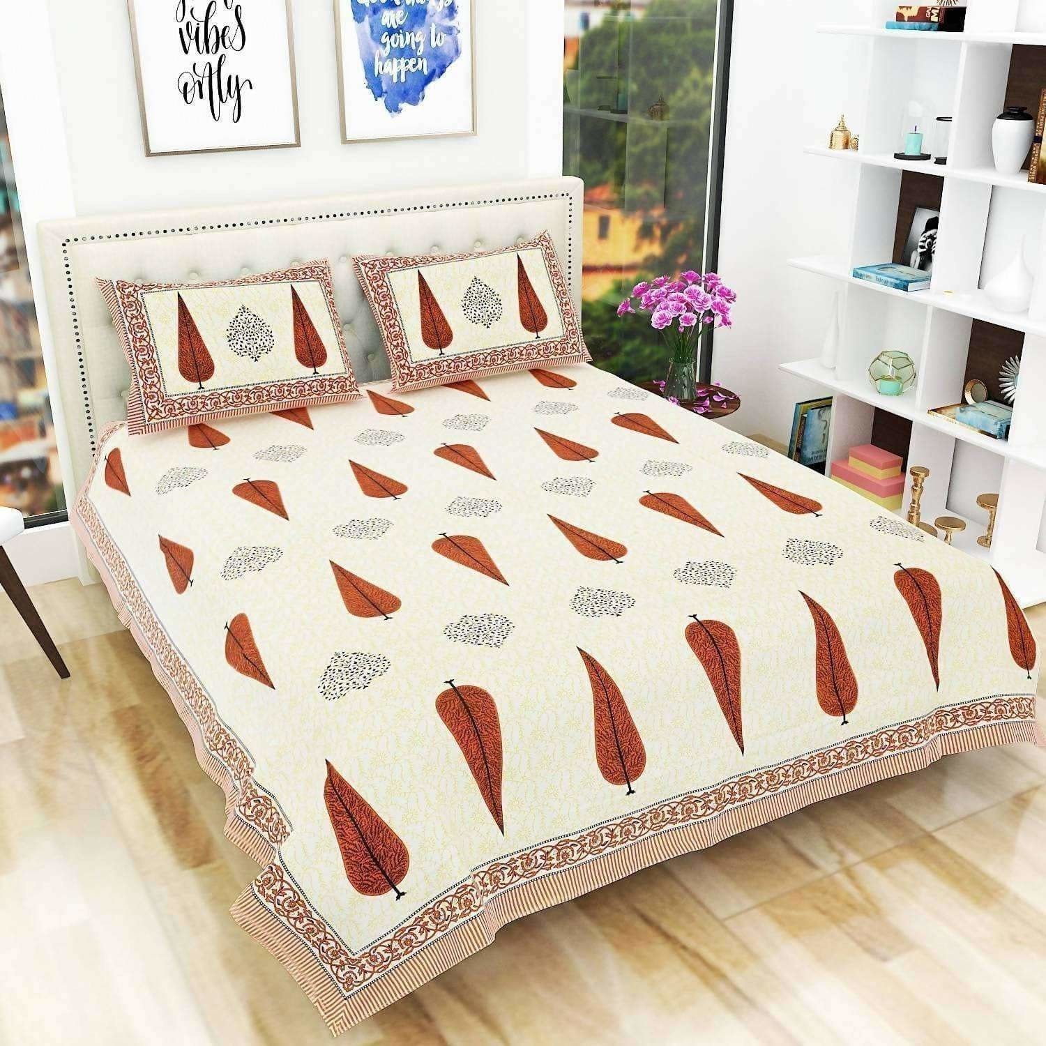 Queen Size 90x108 Inches Jaipuri Sanganeri Print Flat Bed Sheet Bedspread with 2 Pillowcases - Distacart