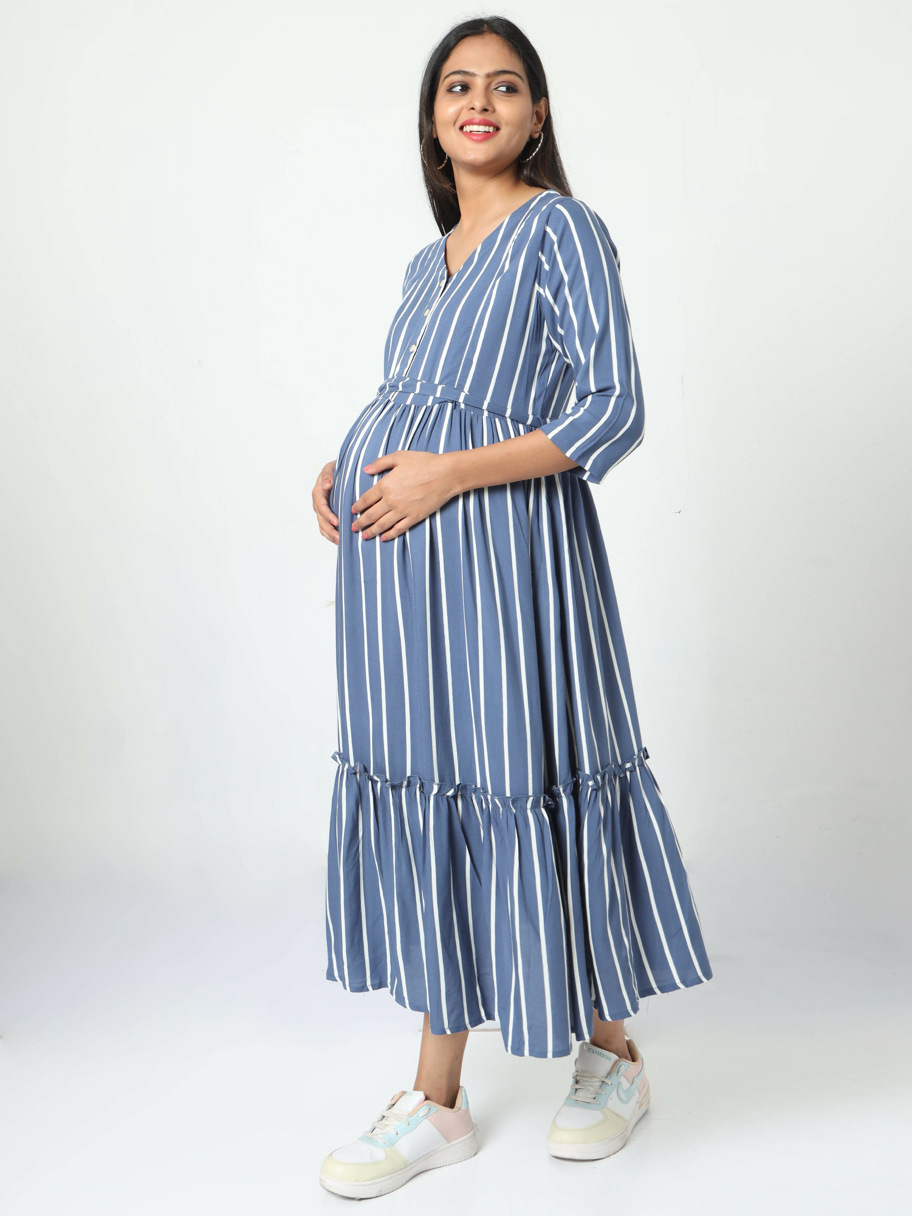 Manet Three Fourth Maternity Dress Striped With Concealed Zipper Nursing Access - Blue - Distacart