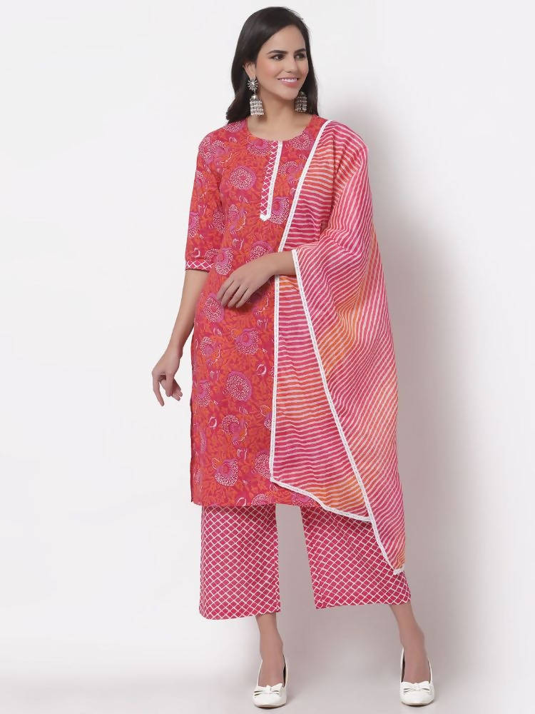 Myshka Women's Cotton Printed 3/4 Sleeve Round Neck Casual Pink Kurta Pant Dupatta Set