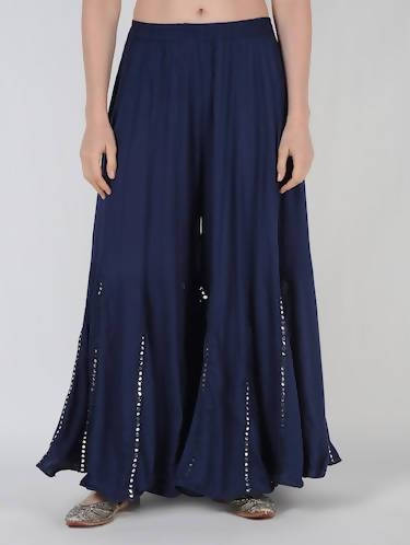 Mominos Fashion Navy Blue Viscose Rayon Flared Palazzo with Mirror Lace Work - Distacart