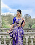Thumbnail for DEIANA'S Beautiful Golden Jari with New Design Soft Lichi Silk Saree - Blue - Distacart