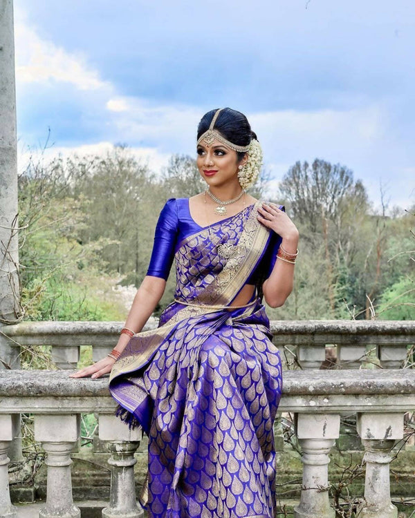 DEIANA'S Beautiful Golden Jari with New Design Soft Lichi Silk Saree - Blue - Distacart