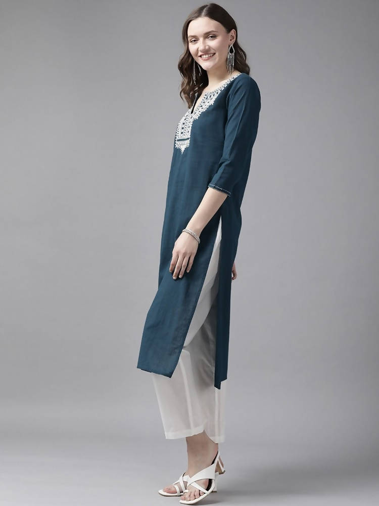 Yufta Women Blue And White Embroidered Kurta with Trouser & With Dupatta