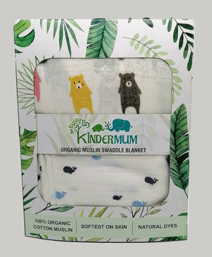 Kindermum Organic Cotton Muslin Swaddle Blanket 110 Cm X 110 Cm - Set Of 2 - Bear And Whale - Distacart