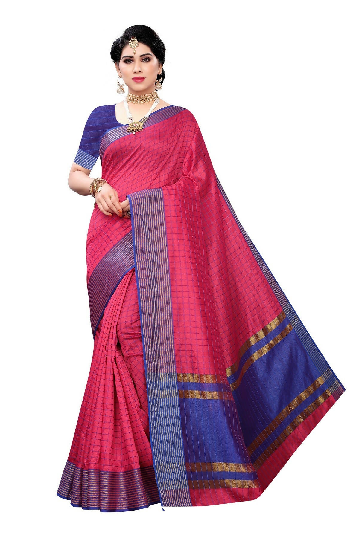 Vamika Pink and Blue Cotton Silk Weaving Saree (Manipuri Pink) - Distacart