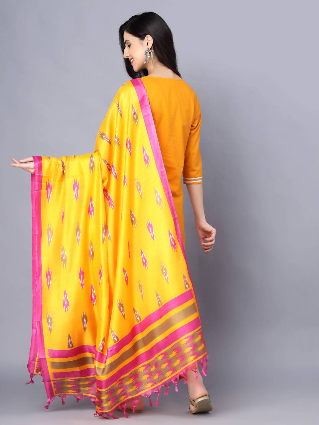 Myshka Women Mustard Yellow Pure Cotton Kurta with Trousers With Dupatta - Distacart