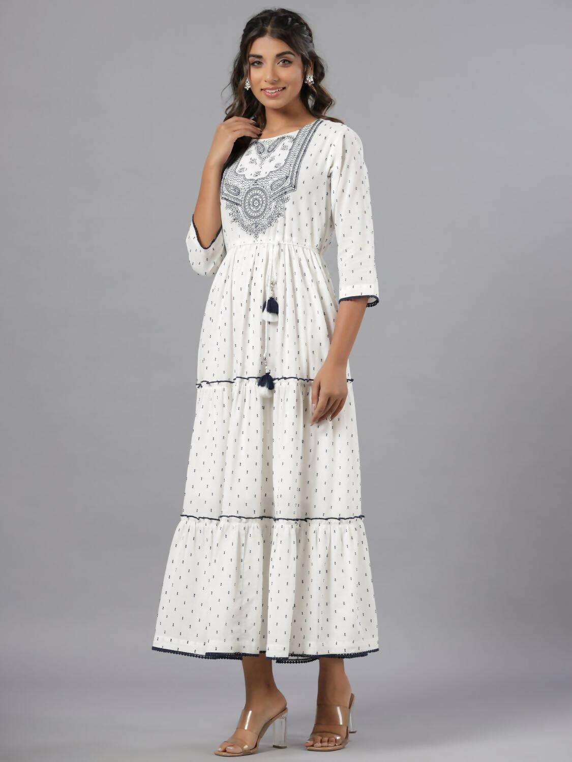 Juniper Women Off-White Cotton Dobby Embroidered Tiered Maxi Dress - Distacart