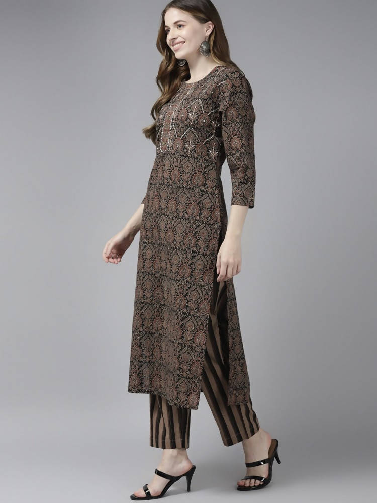 Yufta Women Black Ethnic Motifs Printed Pure Cotton Kurta with Trouser and Dupatta