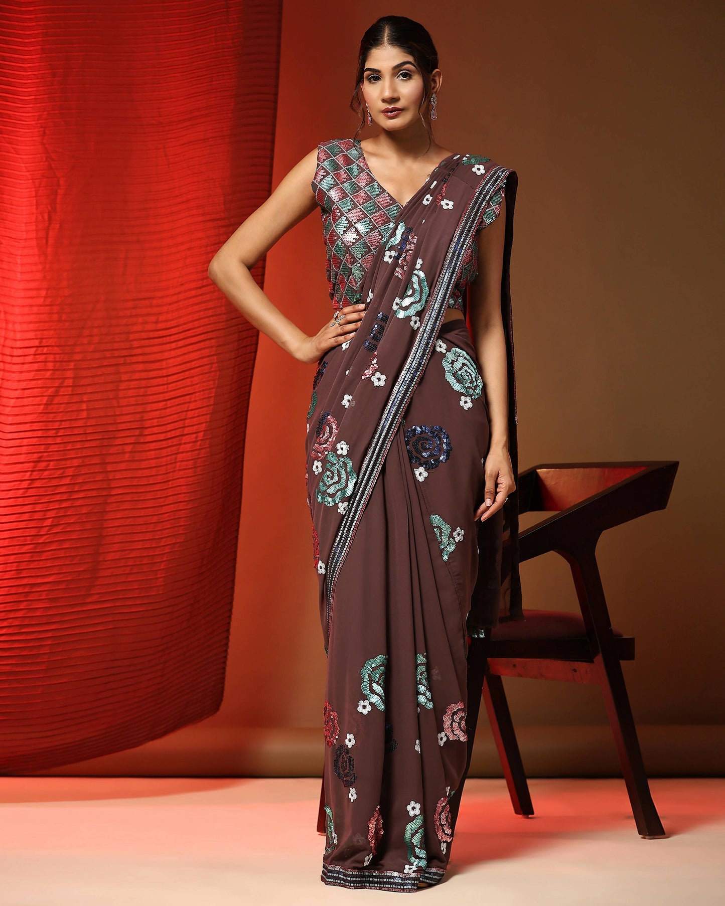 Brown Pure Georgette Sequence work Ready to wear Saree with stitched Blouse - Nirvana - Distacart