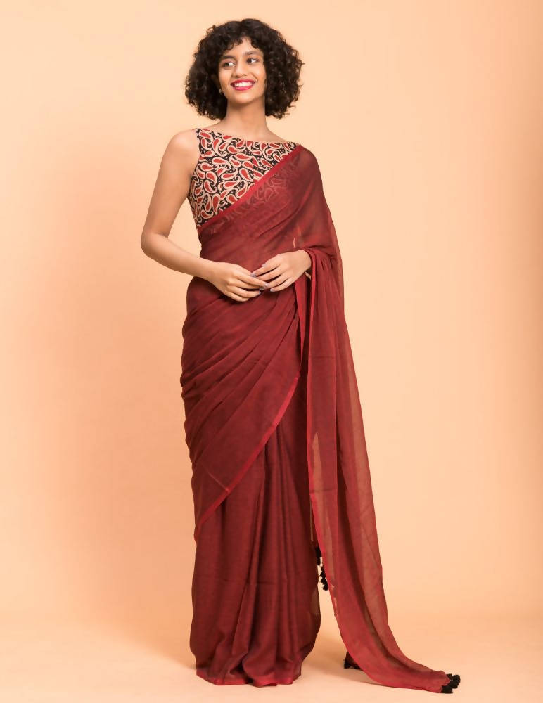Suta Maroon Solid Cotton Blend Saree - Distacart