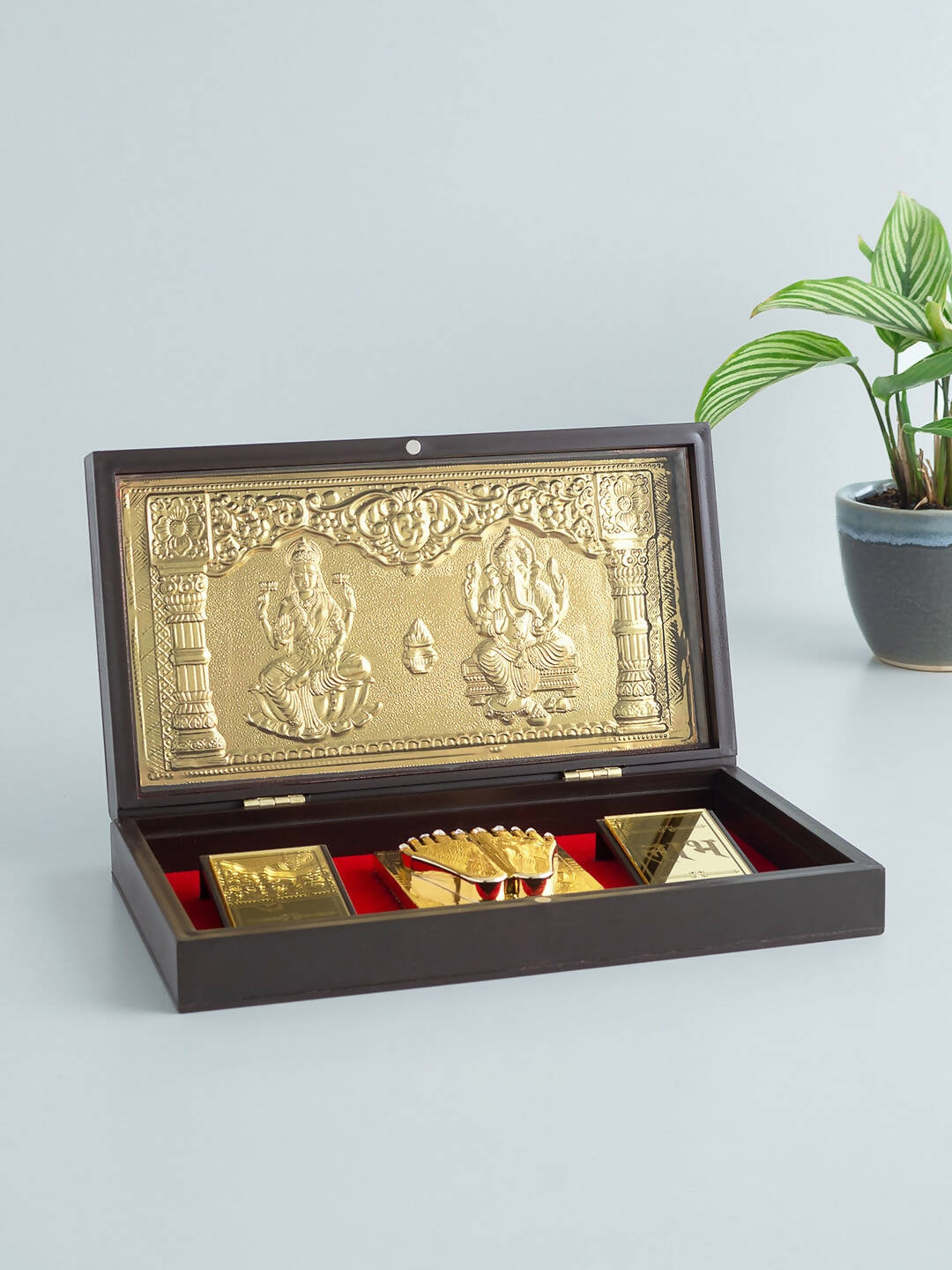 Golden Peacock Brown & Gold-Toned 24 Ct Gold Foil Laxmi And Ganesh Pooja Box - Distacart