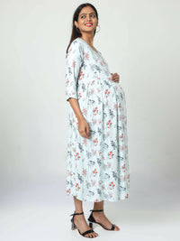Thumbnail for Manet Three Fourth Maternity Dress Floral Print With Concealed Zipper Nursing Access - Pista Green - Distacart