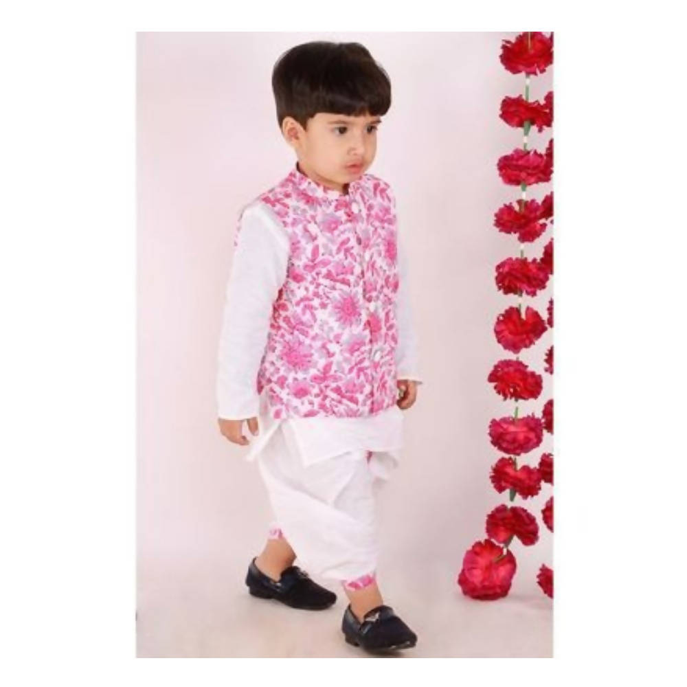 Little Bansi Pink and White Color Bengali Kantha work floral Jacket with Kurta and Dhoti
