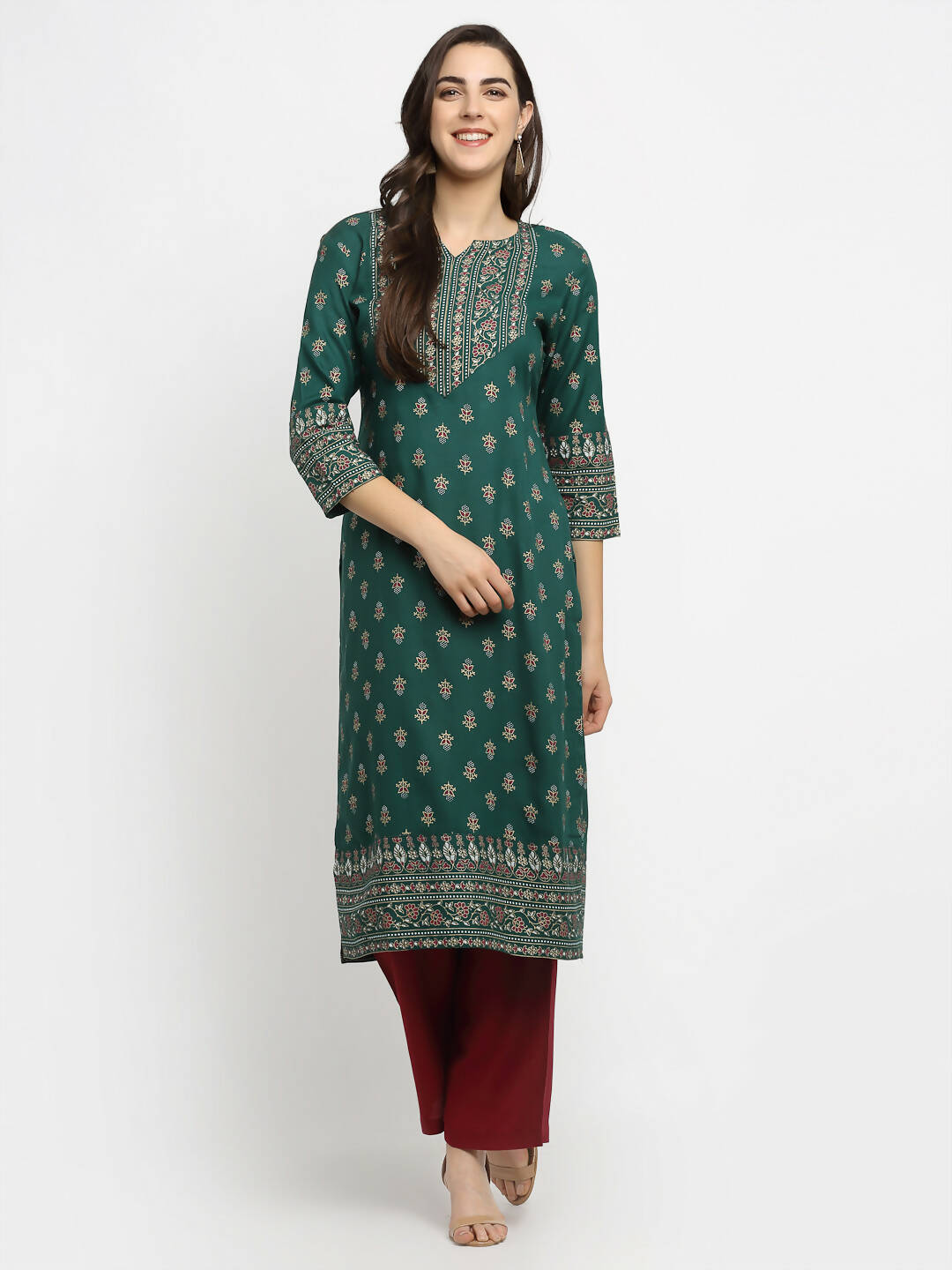 Rudra Bazaar Green Printed Yoke Designed Straight Kurta with Maroon Pyjamas - Distacart
