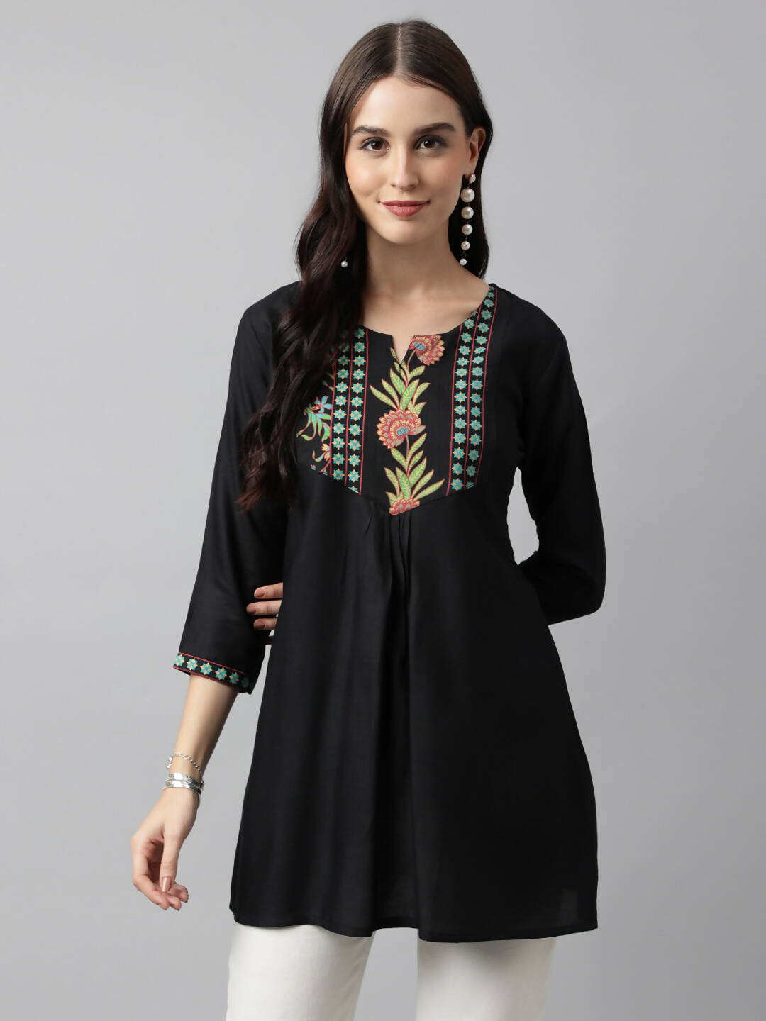 Black Poly Cotton Yoke Printed A-line Top - Bosky - Distacart