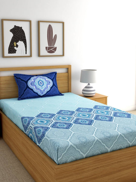 Dreamscape Blue Ethnic 144 TC Cotton Bedsheet with Reversible Pillow Covers - Distacart